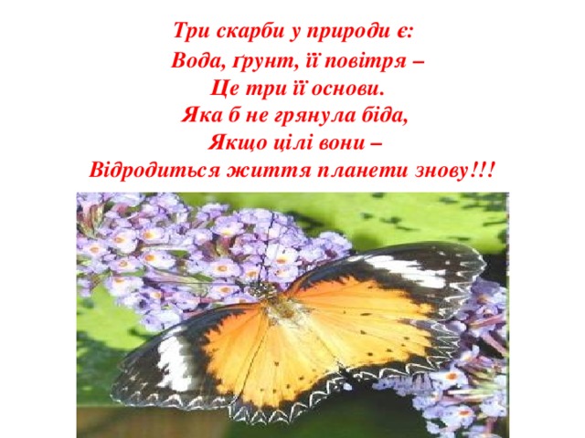  Три скарби у природи є:  Вода, ґрунт, її повітря –  Це три її основи.  Яка б не грянула біда,  Якщо цілі вони –  Відродиться життя планети знову!!!   