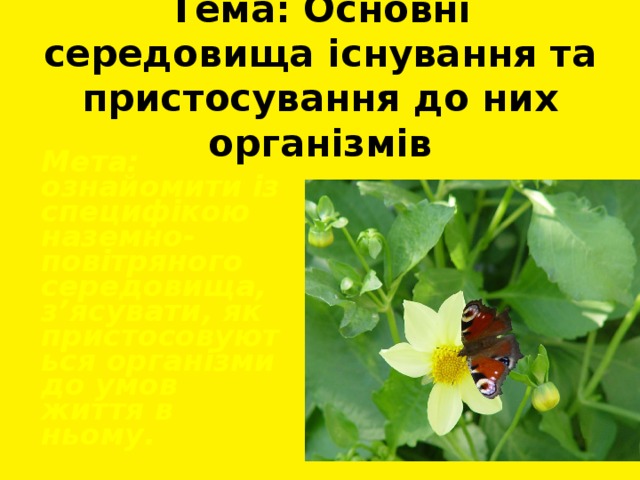 Тема: Основні середовища існування та пристосування до них організмів  Мета: ознайомити із специфікою наземно-повітряного середовища, з’ясувати, як пристосовуються організми до умов життя в ньому. 