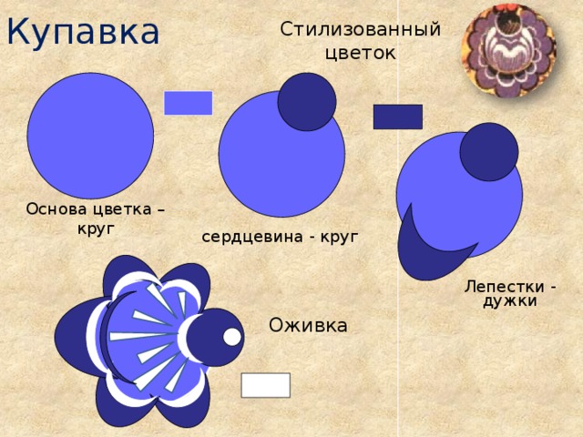 Купавка Стилизованный цветок Основа цветка – круг сердцевина - круг Лепестки - дужки  Оживка 