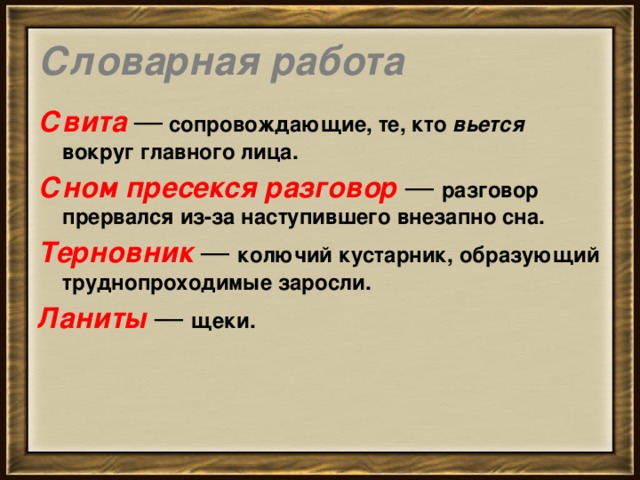  Словарная работа   Свита  —  сопровождающие, те, кто вьется вокруг главного лица. Сном пресекся разговор  —  разговор прервался из-за наступившего внезапно сна. Терновник  —  колючий кустарник, образующий труднопроходимые заросли. Ланиты  —  щеки. 