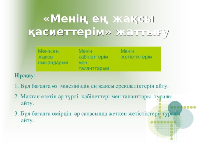 «Менің ең жақсы қасиеттерім» жаттығу     Нұсқау : 1. Бұл бағанға өз мінезіңіздің ең жақсы ерекшеліктерін айту. 2. Мақтан ететін әр түрлі қабілеттері мен таланттары туралы айту. 3. Бұл бағанға өмірдің әр саласында жеткен жетістіктері туралы айту. Менің ең жақсы нышандарым Менің қабілеттерім мен таланттарым Менің жетістіктерім 