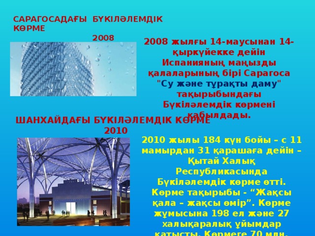 САРАГОСАДАҒЫ БҮКІЛӘЛЕМДІК КӨРМЕ 2008 2008 жылғы 14-маусынан 14-қыркүйекке дейін Испанияның маңызды қалаларының бірі Сарагоса 