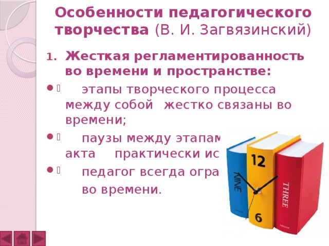 Особенности педагогического творчества (В. И. Загвязинский) Жесткая регламентированность во времени и пространстве:  этапы творческого процесса между собой  жестко связаны во времени;  паузы между этапами творческого акта  практически исключены;  педагог всегда ограничен   во времени. 