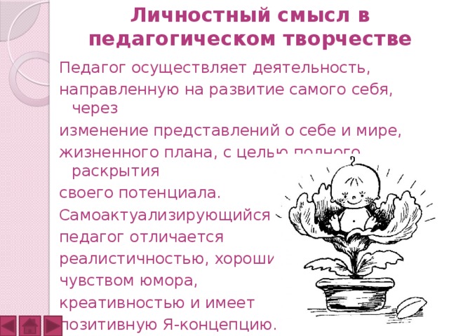 Личностный смысл в педагогическом творчестве Педагог осуществляет деятельность, направленную на развитие самого себя, через изменение представлений о себе и мире, жизненного плана, с целью полного раскрытия своего потенциала. Самоактуализирующийся педагог отличается реалистичностью, хорошим чувством юмора, креативностью и имеет позитивную Я-концепцию. 