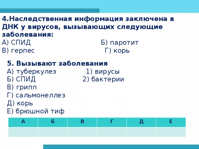 4.Наследственная информация заключена в ДНК у вирусов, вызывающих следующие заболевания: А) СПИД Б) паротит В) герпес Г) корь 5. Вызывают заболевания А) туберкулез 1) вирусы Б) СПИД 2) бактерии В) грипп Г) сальмонеллез Д) корь Е) брюшной тиф А Б В Г Д Е 