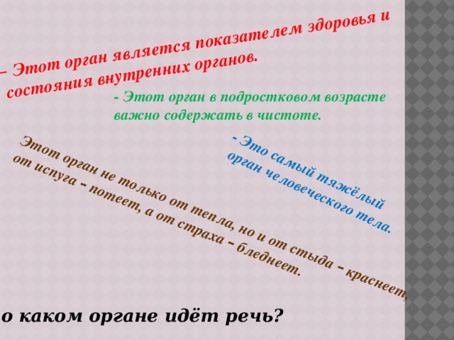 –  Этот орган является показателем здоровья и  состояния внутренних органов. - Это самый тяжёлый  орган человеческого тела. Этот орган не только от тепла, но и от стыда – краснеет, от испуга – потеет, а от страха – бледнеет. - Этот орган в подростковом возрасте важно содержать в чистоте. о каком органе идёт речь? 