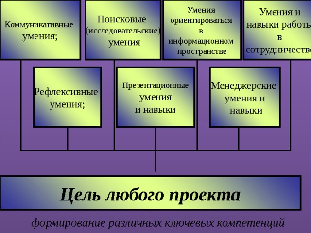 Поисковые (исследовательские)  умения Коммуникативные умения; Умения и навыки работы в сотрудничестве ; Умения ориентироваться в информационном пространстве Менеджерские умения и  навыки Рефлексивные умения; Презентационные  умения и навыки Цель любого проекта формирование различных ключевых компетенций 