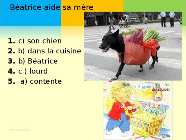 Béatrice aide sa mère 1. c) son chien 2. b) dans la cuisine 3. b) Béatrice 4. c ) lourd 5. a) contente