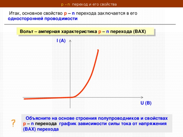 p – n  переход и его свойства   Итак, основное свойство p – n  перехода заключается в его односторонней проводимости  Вольт – амперная характеристика p – n  перехода (ВАХ) I (A) U ( В)  Объясните на основе строения полупроводников и свойствах p – n  перехода график зависимости силы тока от напряжения ( ВАХ) перехода 
