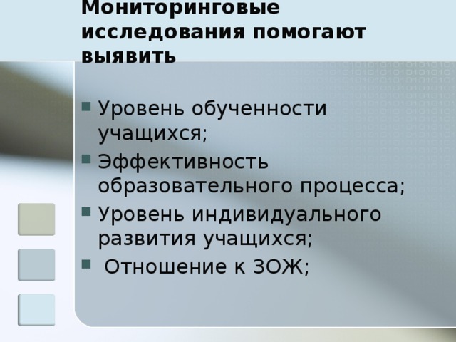 Мониторинговые исследования помогают выявить Уровень обученности учащихся; Эффективность образовательного процесса; Уровень индивидуального развития учащихся;   Отношение к ЗОЖ; 