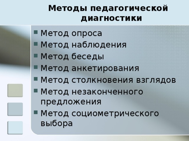  Методы педагогической   диагностики Метод опроса Метод наблюдения Метод беседы Метод анкетирования Метод столкновения взглядов Метод незаконченного предложения Метод социометрического выбора 