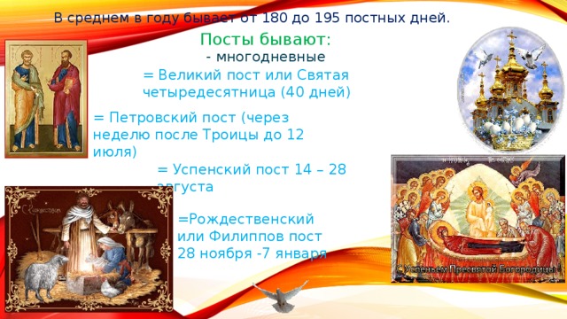 В среднем в году бывает от 180 до 195 постных дней. Посты бывают: - многодневные = Великий пост или Святая четыредесятница (40 дней) = Петровский пост (через неделю после Троицы до 12 июля) = Успенский пост 14 – 28 августа =Рождественский или Филиппов пост 28 ноября -7 января 
