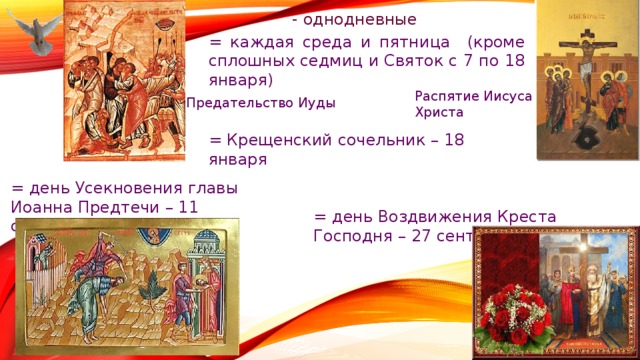 - однодневные = каждая среда и пятница (кроме сплошных седмиц и Святок с 7 по 18 января) Распятие Иисуса Христа Предательство Иуды = Крещенский сочельник – 18 января = день Усекновения главы Иоанна Предтечи – 11 сентября = день Воздвижения Креста Господня – 27 сентября 