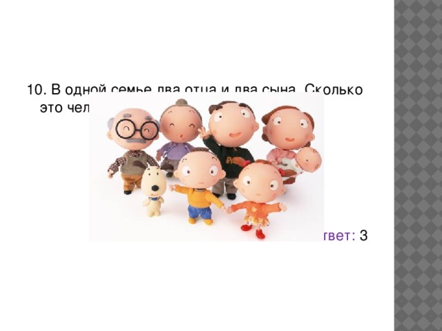 10. В одной семье два отца и два сына. Сколько это человек? Ответ: 3   