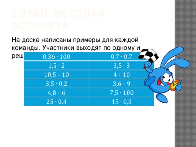 3 этап: ВЕСЕЛАЯ ЭСТАФЕТА На доске написаны примеры для каждой команды. Участники выходят по одному и решают их, кто быстрей. 