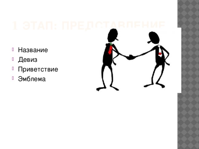 1 этап : ПРЕДСТАВЛЕНИЕ Название Девиз Приветствие Эмблема 