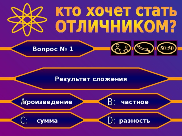 Вопрос № 1 Результат сложения частное произведение разность сумма