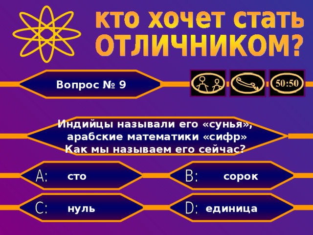 Вопрос № 9 Индийцы называли его «сунья»,  арабские математики «сифр» Как мы называем его сейчас? сорок  сто единица нуль