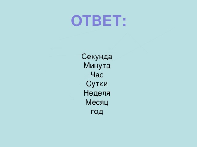 ОТВЕТ: Секунда Минута Час Сутки Неделя Месяц год