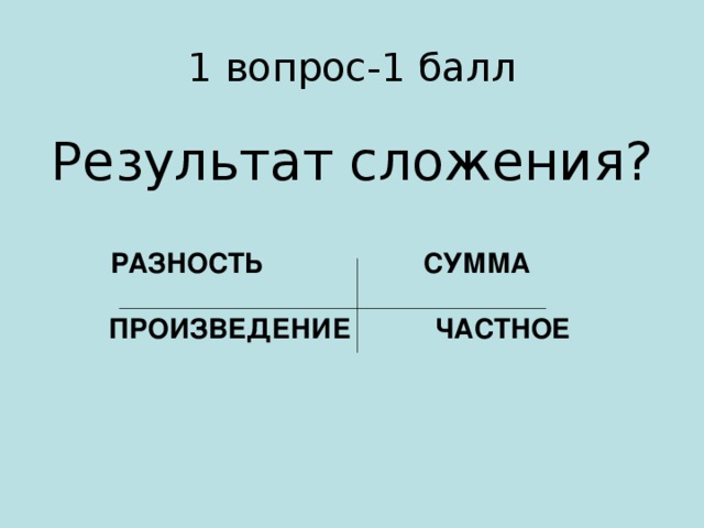 1 вопрос-1 балл Результат сложения?  РАЗНОСТЬ СУММА   ПРОИЗВЕДЕНИЕ ЧАСТНОЕ