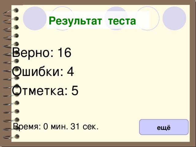 Результат теста Верно: 16 Ошибки: 4 Отметка: 5 исправить Время: 0 мин. 31 сек. ещё 