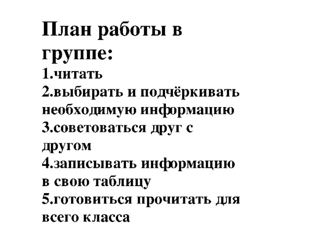План работы в группе: 4.записывать информацию в свою таблицу 