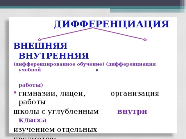 ДИФФЕРЕНЦИАЦИЯ  ВНЕШНЯЯ ВНУТРЕННЯЯ (дифференцированное обучение) (дифференциация учебной  работы) гимназии, лицеи, организация работы школы с углубленным внутри класса изучением отдельных предметов;  коррекционные школы разных типов