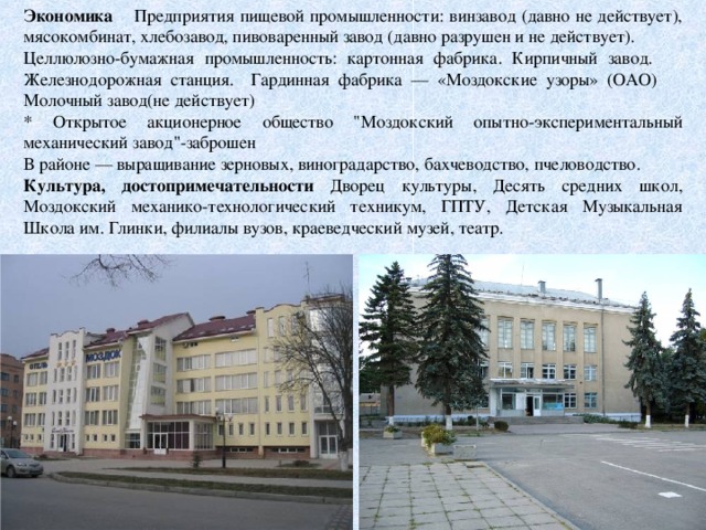 Экономика  Предприятия пищевой промышленности: винзавод (давно не действует), мясокомбинат, хлебозавод, пивоваренный завод (давно разрушен и не действует). Целлюлозно-бумажная промышленность: картонная фабрика. Кирпичный завод. Железнодорожная станция. Гардинная фабрика — «Моздокские узоры» (ОАО) Молочный завод(не действует) * Открытое акционерное общество 