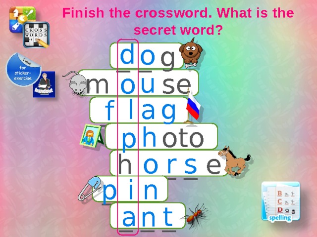 Finish the crossword. What is the secret word? d o _ _ g u o m _ _ se l a g f _ _ _ _ h p _ _ oto o r s h _ _ _ e i n p _ _ _ t a n _ _ _ 