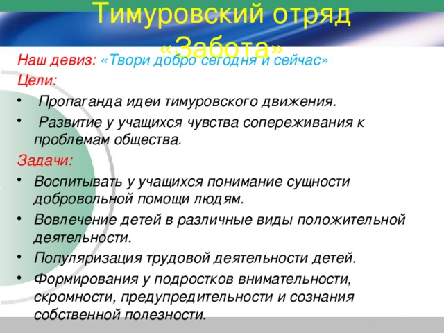 План тимуровского отряда в школе