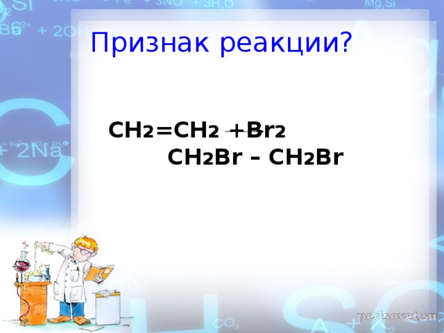 Признак реакции? CH 2 =CH 2 +Br 2 CH 2 Br – CH 2 Br 
