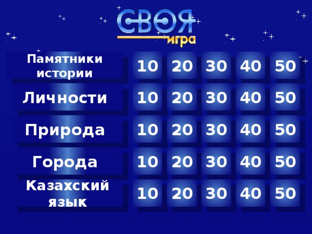 10 30 40 50 20 Памятники истории 50 Личности 40 30 20 10 20 30 40 50 Природа 10 Города 20 40 50 30 10 Автор шаблона Салиш С.С., учитель начальных классов СШ №53 г. Актобе. 20 30 40 50 10 Казахский язык  