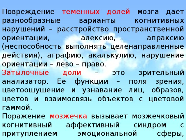 Повреждение теменных долей мозга дает разнообразные варианты когнитивных нарушений – расстройство пространственной ориентации, алексию, апраксию (неспособность выполнять целенаправленные действия), аграфию, акалькулию, нарушение ориентации – лево – право. Затылочные доли – это зрительный анализатор. Ее функции – поля зрения, цветоощущение и узнавание лиц, образов, цветов и взаимосвязь объектов с цветовой гаммой. Поражение мозжечка вызывает мозжечковый когнитивный аффективный синдром с притуплением эмоциональной сферы, расторможенным  неадекватным поведением, нарушениями речи – снижением беглости речи, появление грамматических ошибок. 