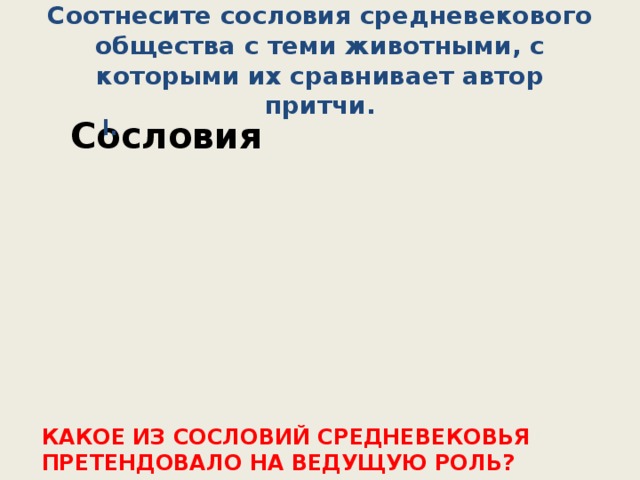 Соотнесите сословия средневекового общества с теми животными, с которыми их сравнивает автор притчи. Сословия I. КАКОЕ ИЗ СОСЛОВИЙ СРЕДНЕВЕКОВЬЯ ПРЕТЕНДОВАЛО НА ВЕДУЩУЮ РОЛЬ? ПОЧЕМУ? Сословия I. 