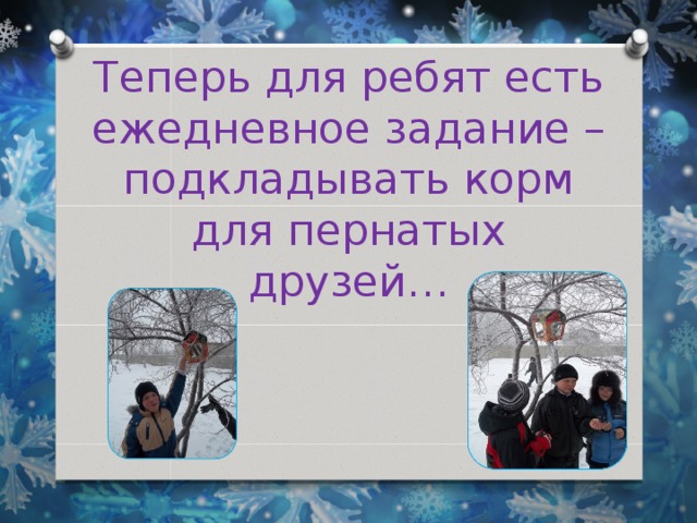 Теперь для ребят есть ежедневное задание – подкладывать корм для пернатых друзей… 
