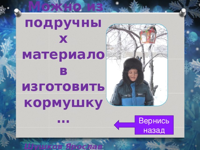  Можно из подручных материалов изготовить кормушку…   Шушков Ярослав Вернись назад 