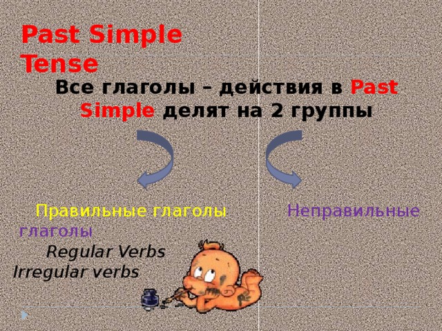 Past Simple Tense Все глаголы – действия в Past Simple  делят на 2 группы  Правильные глаголы  Неправильные  глаголы  Regular Verbs  Irregular verbs