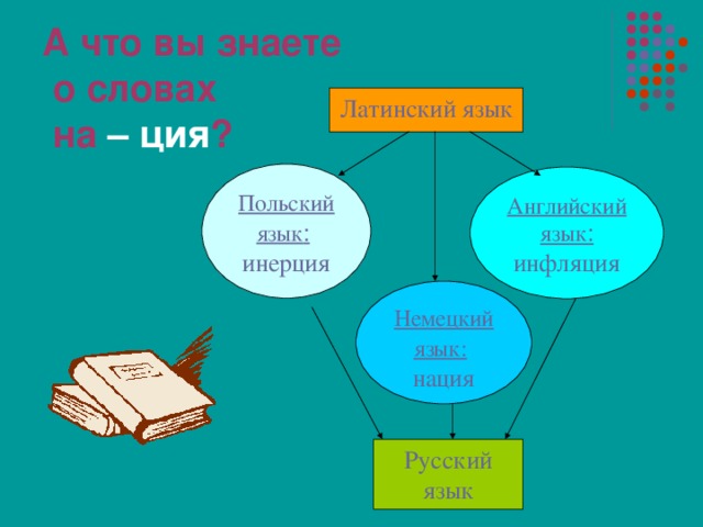 А что вы знаете  о словах  на – ция ? Латинский язык Польский  язык :  инерция Английский язык : инфляция Немецкий язык:  нация Русский язык 