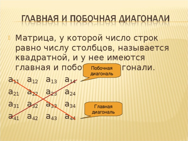 Матрица, у которой число строк равно числу столбцов, называется квадратной, и у нее имеются главная и побочная диагонали. а 11  а 12  а 13  а 14 а 21  а 22  а 23  а 24 а 31  а 32  а 33  а 34 а 41  а 42  а 43  а 44   Побочная диагональ Главная диагональ 