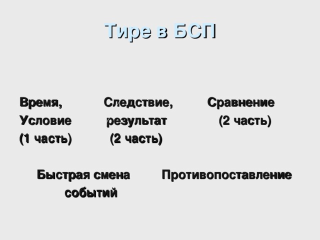 Тире в БСП   Время, Следствие, Сравнение Условие результат (2 часть) (1 часть) (2 часть)   Быстрая смена Противопоставление  событий   