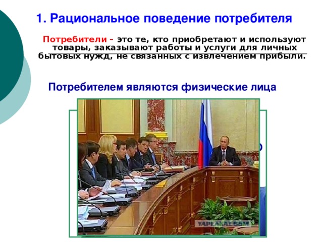 1. Рациональное поведение потребителя  Потребители – это те, кто приобретают и используют товары, заказывают работы и услуги для личных бытовых нужд, не связанных с извлечением прибыли.  Потребителем являются физические лица юридические лица ГОСУДАРСТВО 