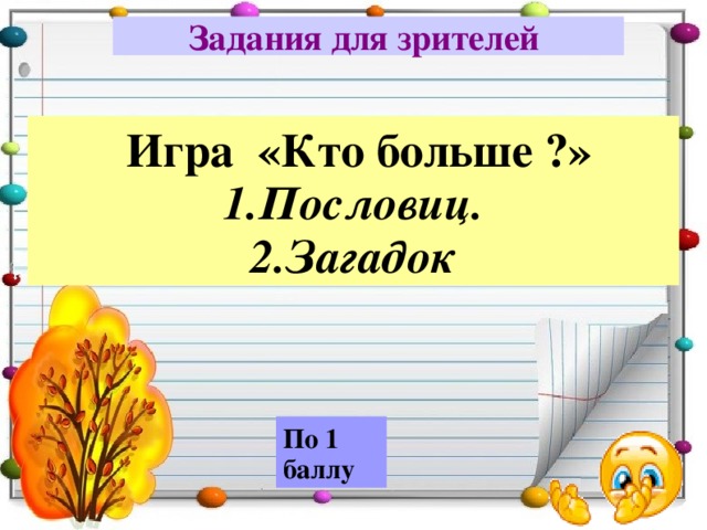 Задания для зрителей   Игра «Кто больше ?» 1.Пословиц. 2.Загадок По 1 баллу 