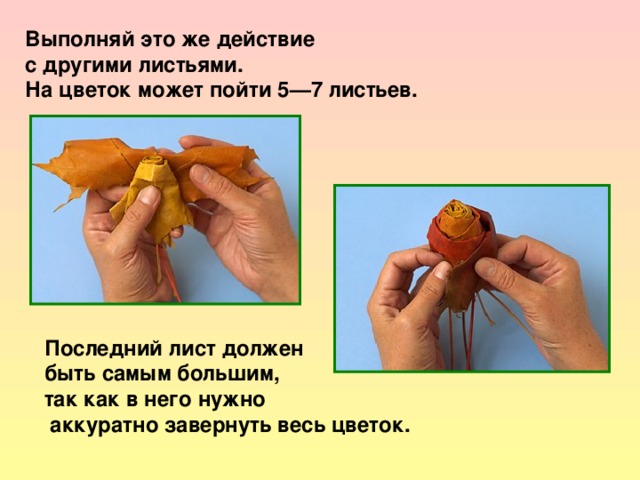 Выполняй это же действие с другими листьями. На цветок может пойти 5—7 листьев. Последний лист должен быть самым большим, так как в него нужно  аккуратно завернуть весь цветок. 