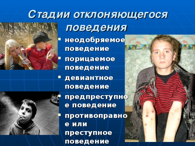 Стадии отклоняющегося поведения  неодобряемое поведение  порицаемое поведение  девиантное поведение  предпреступное поведение  противоправное или преступное поведение  