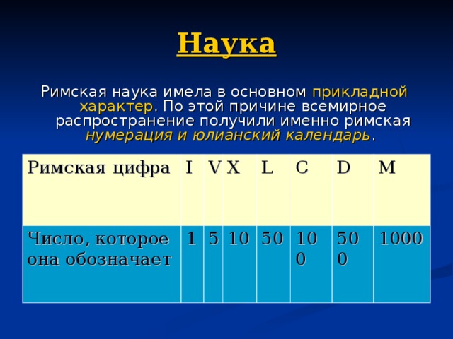 Наука Римская наука имела в основном прикладной характер . По этой причине всемирное распространение получили именно римская нумерация и юлианский календарь . Римская цифра I Число, которое она обозначает V 1 X 5 L 10 C 50 D 100 M 500 1000 