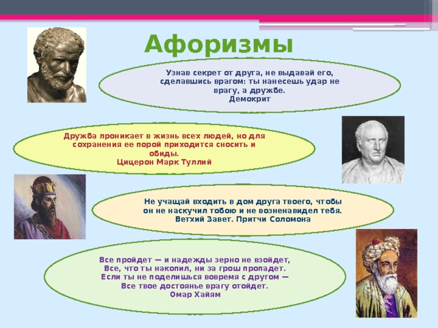 Афоризмы Узнав секрет от друга, не выдавай его, сделавшись врагом: ты нанесешь удар не врагу, а дружбе.  Демокрит Дружба проникает в жизнь всех людей, но для сохранения ее порой приходится сносить и обиды.  Цицерон Марк Туллий Не учащай входить в дом друга твоего, чтобы он не наскучил тобою и не возненавидел тебя.  Ветхий Завет. Притчи Соломона Все пройдет — и надежды зерно не взойдет,  Все, что ты накопил, ни за грош пропадет.  Если ты не поделишься вовремя с другом —  Все твое достоянье врагу отойдет.  Омар Хайям 