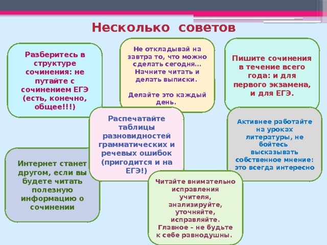 Несколько советов Не откладывай на завтра то, что можно сделать сегодня… Пишите сочинения в течение всего года: и для первого экзамена, и для ЕГЭ. Начните читать и делать выписки.  Делайте это каждый день. Разберитесь в структуре сочинения: не путайте с сочинением ЕГЭ (есть, конечно, общее!!!) Распечатайте таблицы разновидностей грамматических и речевых ошибок (пригодится и на ЕГЭ!) Активнее работайте на уроках литературы, не бойтесь высказывать собственное мнение: это всегда интересно Интернет станет другом, если вы будете читать полезную информацию о сочинении Читайте внимательно исправления учителя, анализируйте, уточняйте, исправляйте. Главное – не будьте к себе равнодушны. 