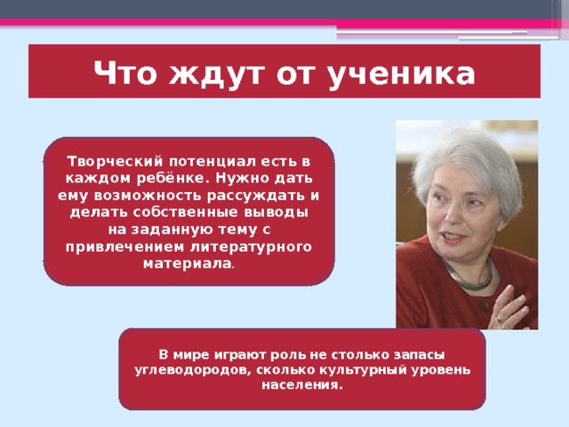 Что ждут от ученика Творческий потенциал есть в каждом ребёнке. Нужно дать ему возможность рассуждать и делать собственные выводы на заданную тему с привлечением литературного материала . В мире играют роль не столько запасы углеводородов, сколько культурный уровень населения. 