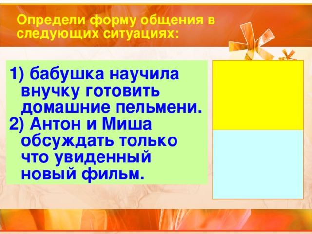 Определи форму общения в следующих ситуациях:  бабушка научила внучку готовить домашние пельмени.  Антон и Миша обсуждать только что увиденный новый фильм. 