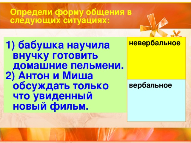 Определи форму общения в следующих ситуациях:  бабушка научила внучку готовить домашние пельмени.  Антон и Миша обсуждать только что увиденный новый фильм. невербальное вербальное 